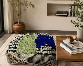 Handmade Vintage Berber Wool Pouf: Red Moroccan Floor Cushion