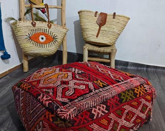 Handmade Moroccan Wool Pouf, Beni Ourain, Azilal, Boho Floor Cushion