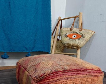 Vintage Marokkaanse poef, roze Berber vloerkussen, Boujaad wollen ottoman, handgemaakte vloerpoef, boho woondecoratie, Marokkaans vloerkussen