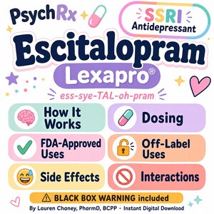 May include: A vibrant infographic detailing Escitalopram, marketed as Lexapro, an antidepressant medication. The design features text and illustrations explaining the drug's uses, side effects, and potential interactions. The text includes "PsychRx", "SSRI Antidepressant", and "BLACK BOX WARNING included".
