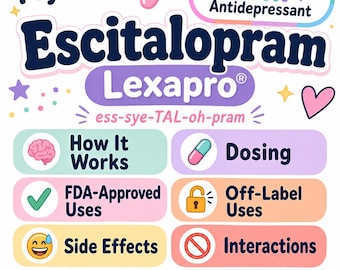 Ficha de referencia del medicamento escitalopram (Lexapro) / Guía de estudio de psiquiatría y doctorado en farmacia (descarga digital)