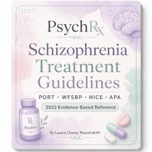 May include: A book cover with the title "Schizophrenia Treatment Guidelines" by PsychRx. The cover features a watercolor design with a brain illustration, a pill bottle, and various pills. The text includes "2022 Evidence-Based Reference".