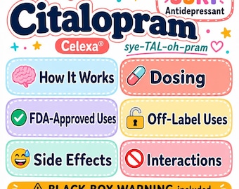 Ficha de referencia del medicamento citalopram (Celexa) / Guía de estudio de psiquiatría y doctorado en farmacia (descarga digital)