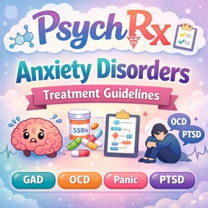 May include: A digital illustration titled PsychRx Anxiety Disorders Treatment Guidelines featuring a cartoon brain, a pill bottle labeled SSRis, various capsules, a clipboard with a flowchart, and a person sitting with OCD and PTSD speech bubbles.