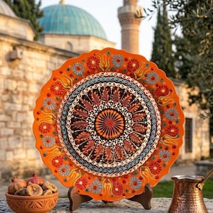 Handmade Orange Turkish Ceramic Plate, Mandala Tulip Pottery Dish, Relief Glaze Wall Art