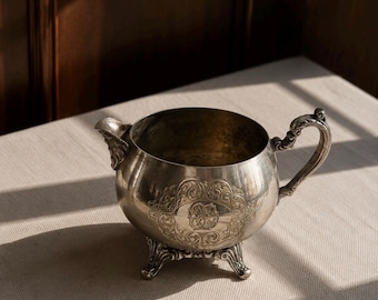Vintage Oneida Silverplate Footed Creamer | Victorian Rococo Scroll Handle | Engraved Cartouche