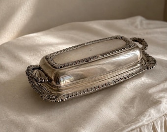 Vintage Silver on Copper Butter Dish with Glass Insert | Ornate Acanthus Scroll Repousse | Victorian Style | Antique Silverplate Serveware