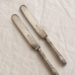May include: Two silver-toned metal dinner knives with ornate floral embossed handles. Each blade features a stamped mark reading Rogers 1881 and a circular logo. The knives have rounded tips and a polished finish, showing detailed decorative patterns.