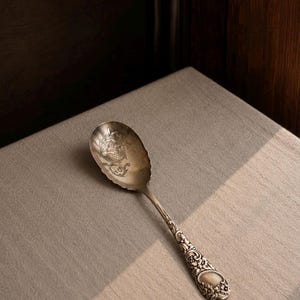 Vintage Sterling Silver Berry Spoon, Floral Repousse Handle, Etched Fruit Bowl, Antique Serving Spoon, Monogram Ready Gift