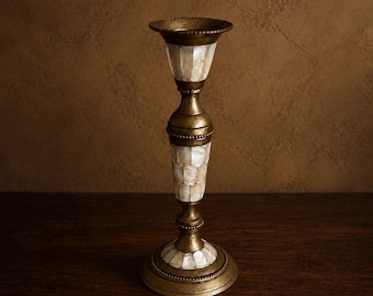 Vintage Brass & Mother of Pearl Candlestick | Inlaid Shell Mosaic Candle Holder | Anglo-Indian Style Brass Candlestick | Boho Eclectic Decor