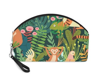 Neceser de maquillaje con estampado de animales de la selva / Estuche cosmético de safari tropical, diseño de leopardo y loro.