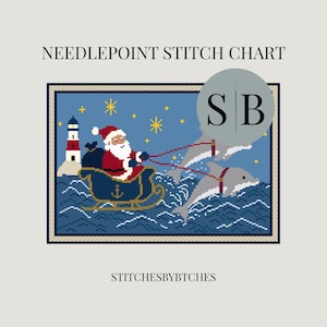May include: A needlepoint stitch chart titled NEEDLEPOINT STITCH CHART and STITCHESBYBTCHES featuring a pixel art scene of Santa Claus in a sleigh pulled by two dolphins over blue ocean waves, with a lighthouse and yellow stars in the night sky.