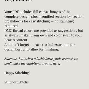 May include: A digital document page with black text on a light background. The text reads: Hey, Btches! Your PDF includes full canvas images of the complete design, plus magnified section-by-section breakdowns for easy stitching. DMC thread colors are provided as suggestions. Leave 1-2 inches around the design border. Sidenote, I attached a btch's basic guide because we don't make ass-umptions around here! Happy Stitching! StitchesbyBtchs.