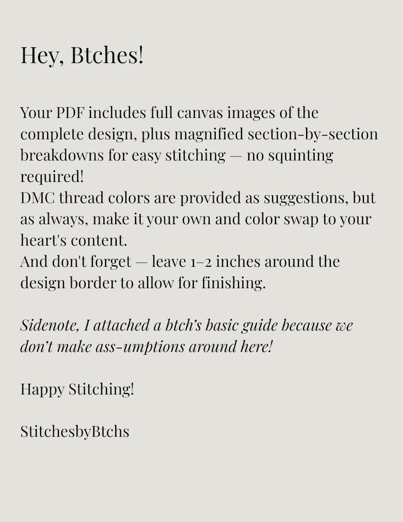 May include: A digital document page with black text on a light background. The text reads: Hey, Btches! Your PDF includes full canvas images of the complete design, plus magnified section-by-section breakdowns for easy stitching. DMC thread colors are provided as suggestions. Leave 1-2 inches around the design border. Sidenote, I attached a btch's basic guide because we don't make ass-umptions around here! Happy Stitching! StitchesbyBtchs.
