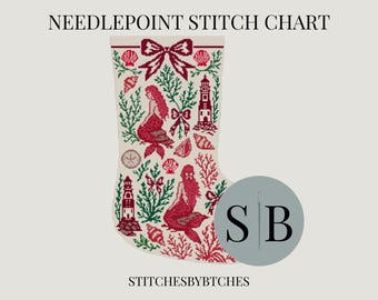 Mermaid Toile Christmas Stocking Needlepoint Chart | Coastal Beach Holiday Decor (PDF Download)