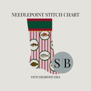 May include: A needlepoint stitch chart featuring a Christmas stocking design with red and white vertical stripes, a dark green cuff, and circular motifs containing various fish illustrations. The text reads NEEDLEPOINT STITCH CHART and STITCHESBYBTCHES.