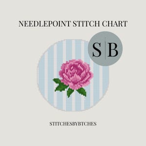 May include: A needlepoint stitch chart featuring a circular design with a pink rose and green leaves on a light blue and white striped background. The text NEEDLEPOINT STITCH CHART and STITCHESBYBTCHES appear alongside a circular logo with SB.