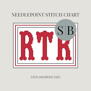 May include: A needlepoint stitch chart featuring the red pixelated letters RTK centered within a rectangular frame with grey and red borders. A circular grey logo with the black letters SB is overlaid on the top right. The text STITCHESBYBTCHES is below.