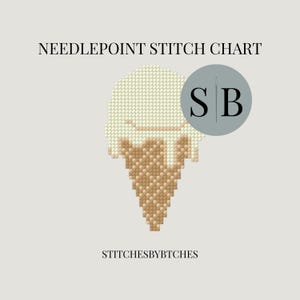 May include: A needlepoint stitch chart featuring a pixelated ice cream cone graphic with a white scoop and a tan waffle cone. The text reads NEEDLEPOINT STITCH CHART at the top, STITCHESBYBTCHES at the bottom, and a circular logo with SB.