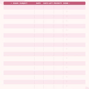 May include: Pink exam countdown tracker with floral details. The tracker includes sections for subject, date, days left, and priority. Text at the top reads "Exam Countdown Tracker" and "Stay on top of every deadline."