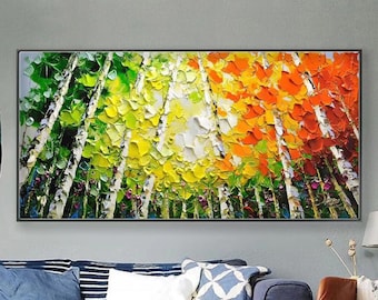 Colorful Tree Painting On Canvas Textured Forest Wall Art Rainbow Abstract Landscape Art