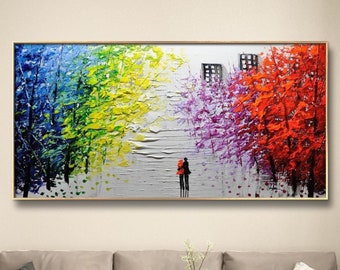 Rainbow texture colorful Trees painting on canvas Custom Painting Boho Wall art for living room bedroom office Personalized Painting gifts