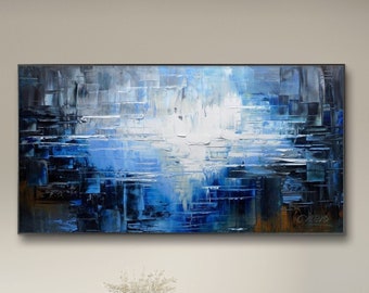 Abstract blue Minimalist Oil Painting On Canvas, Original Modern Textured Wall Art, Custom Concise Painting, Large Living Room Home Decor