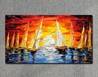 Large Sailboat Oil Painting On Canvas Colorful Ocean Painting marina Landscape Painting Living Room Wall Art Summer Decor