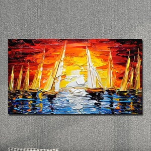 Large Sailboat Oil Painting On Canvas Colorful Ocean Painting marina Landscape Painting Living Room Wall Art Summer Decor image 1