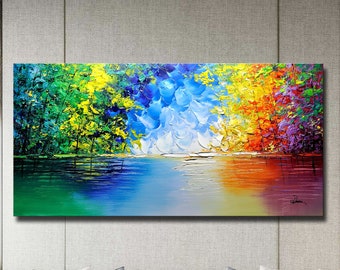 Bright Color Acrylic Tree and Water Painting, Thick Palette Art Abstract Nature Above Couch