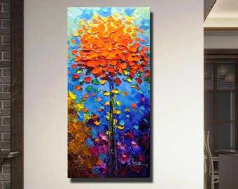 Original Colorful Flower Oil Painting On Canvas, Abstract 3d Flower Wall Decor, Bedroom Wall Decor ,Tall vertical canvas,birthday gifts