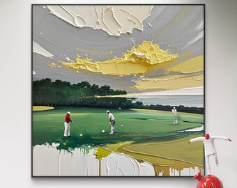 Golfschilderij met textuur: groen paletmes sportkunst