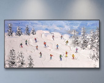 Original 3D Skiing Sport Art Plaster Style Textured Wall Art Personalized Gift For Skiers White Snowboards Paintig Skier Painting