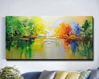 Large Original Oil Painting On Canvas,Landscape Colorful Forest Painting,Living Room Wall Art,Hand-painted Heavy Textured Impasto Painting