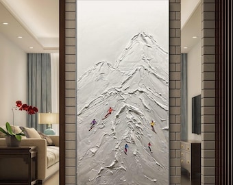 Original Skiing Painting: Mountain Texture Art, Minimalist Home Decor