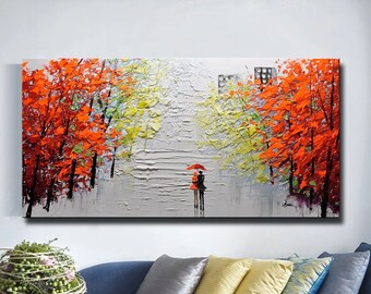 Large Autumn Forest Oil Painting: Colorful Abstract Tree Wall Art