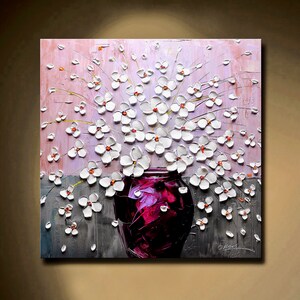 Textured Floral Oil Painting on Canvas: Abstract Flower Room Decor