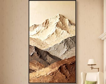 Textured Mountain Wall Art, Neutral Earth Tone Impasto Painting for Modern Living Room Decor