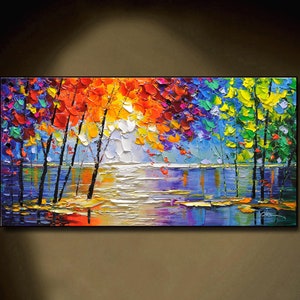Textured Lake Landscape Oil Painting: Colorful Boho Nature Art