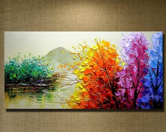 Original Forest Lake Palette Knife art Boho  Colorful Wall Decor Impasto Style Rainbow Bright painting Large Wall Art Bohemian Gift