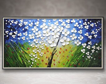 Abstract Flower tree knife painting Blooming Floral Painting On Canvas Gift For Her Living Room Wall Art blue Wall Art Custom Canvas Art