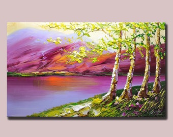 Original Green Trees Purple Painting On Canvas 3D Abstract Textured Wall Art, Landscape Artwork Living Room Art Natural Scenery Painting