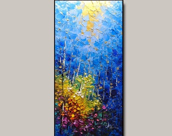 Kleurrijke goud blauwe bos schilderij, hoge verticale canvas kunst aan de muur, boom canvas abstract, lange smalle wand decor, abstracte blauwe muur decor