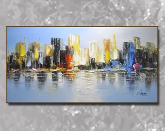 Large Abstract Textured Oil Painting on Canvas Large Cityscape Wall Art Modern Textured Wall Art Living Room Wall Decor Custom Gift Painting