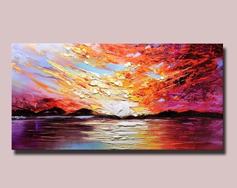 Original Sunrise Painting on Canvas Berry color Abstract  Scenery Painting Boho Wall Art Living Room Decor painting gift