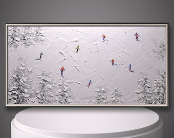 Original 3D Skiing Sport Art Plaster Style Textured Wall Art Personalized Gift For Skiers White Snowboards Paintig Skier Painting