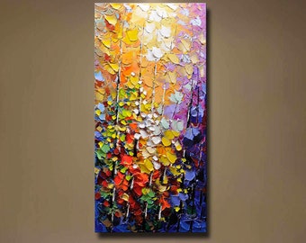 Colorful Flower Painting,Tall vertical canvas wall art ,tree canvas abstract,Long Narrow wall decor for staircase, bathroom,kitchen,entryway