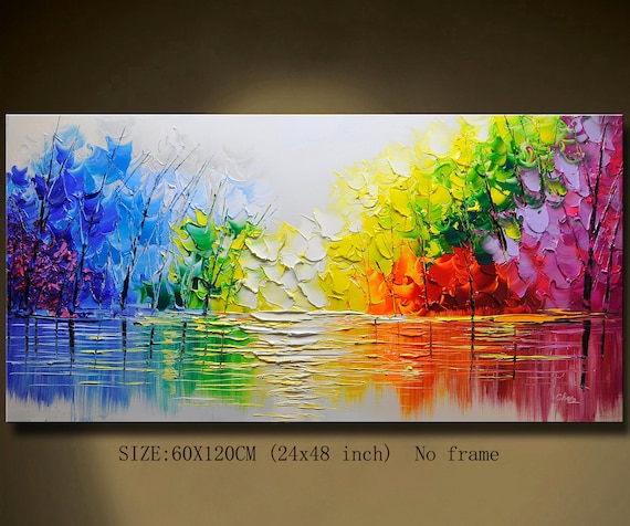 抽象的な風景の油彩画 QW4453 キャンバスに描かれた抽象的な川の油絵：色鮮やかな秋の木々 - Etsy 日本