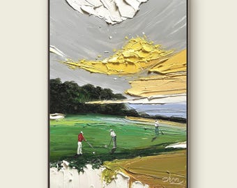 Golf Players Oil Painting, Textured Golf Course Art