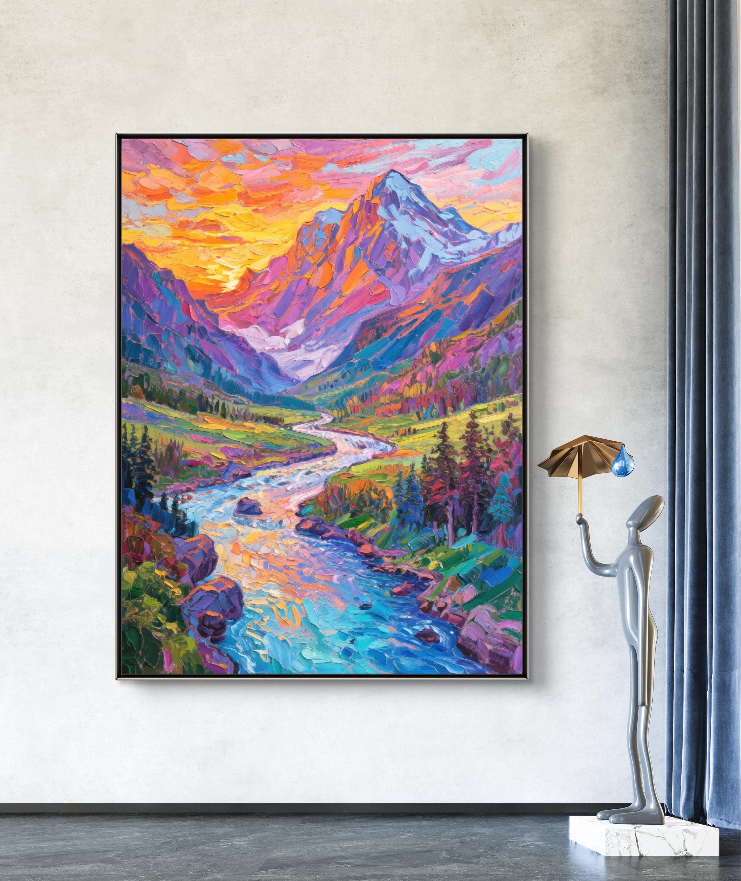 テクスチャのある山の風景油絵：3D花畑キャンバスアート - Etsy 日本